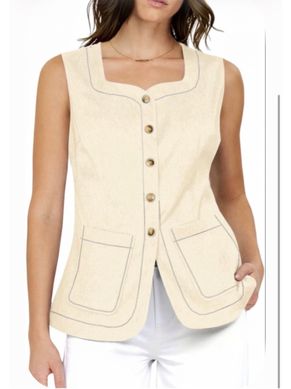 NEW Cream Square Neck Denim Vest Button Down Sleeveless Jean Waistcoat M